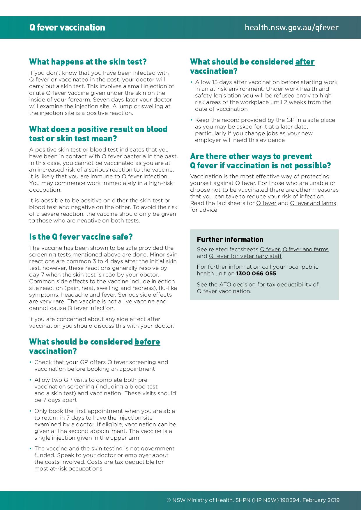 Q Fever Vaccination Information Greenmeadows Medical Centre Port